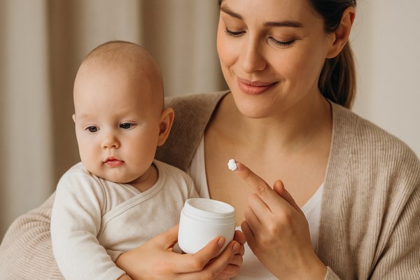 Natürliche Pflege für Mutter und Kind Mutter und Kind beim Cremen